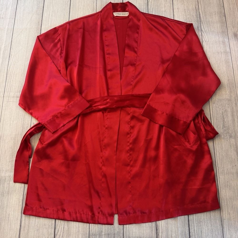 Victoria's Secret Red Satin Robe One Size Wrap Kimono Belted Pockets Sleepwear
